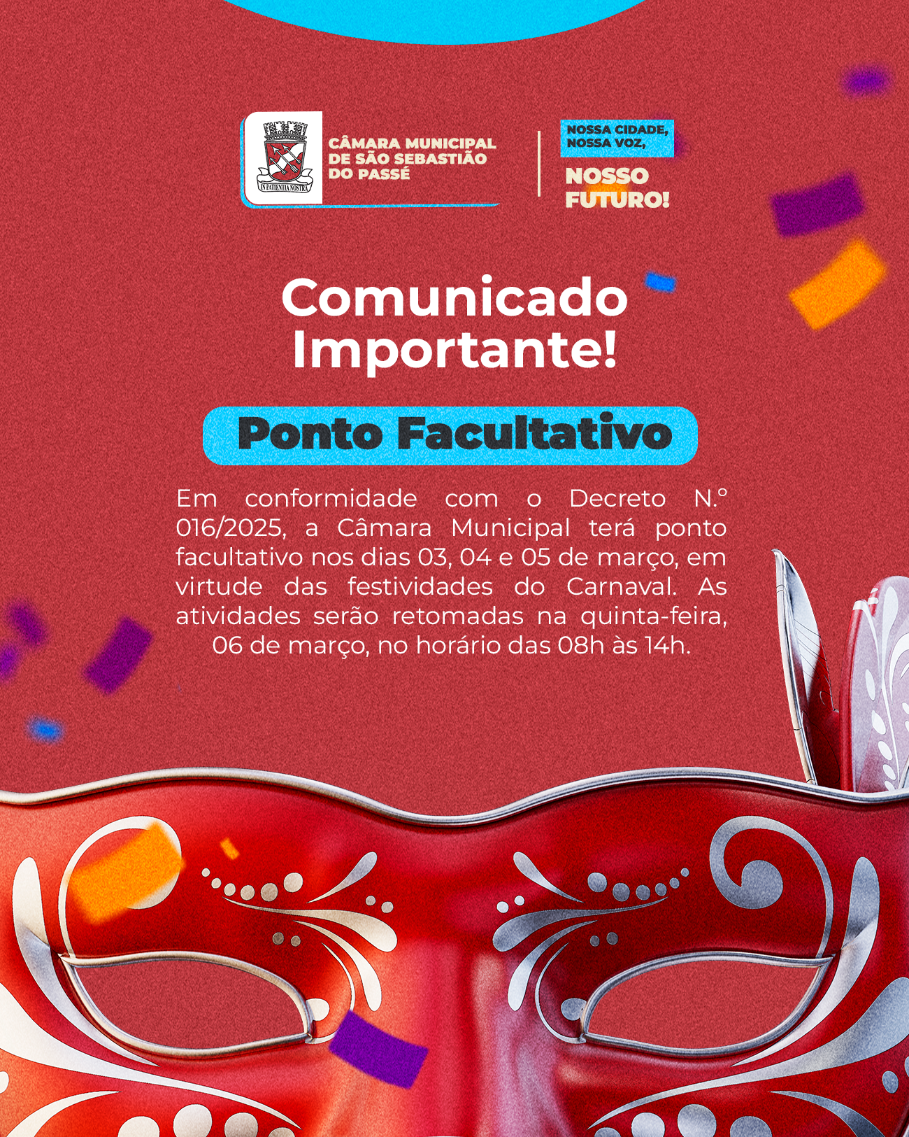 Câmara Municipal de São Sebastião do Passé: Ponto Facultativo durante o Carnaval